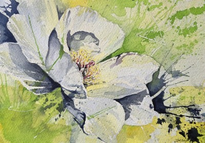 Aquarellbild einer Pfingstrose in expressiven Gelb- und Grüntönen